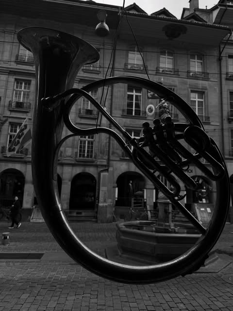 Monumental instrument sculpture in a public square
